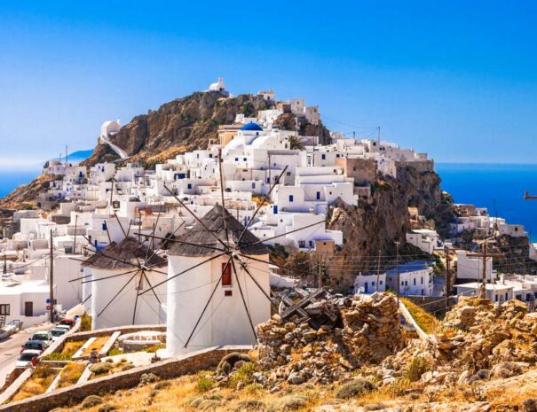 Serifos island, view of Chora village and windmills. Greece, Cyc