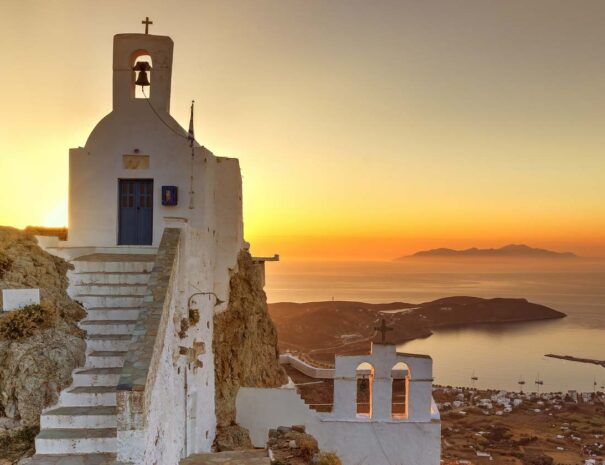 The sunrise from Agios Konstantinos and Agios Ioannis the Theologian in Pano Chora of Serifos island, Greece